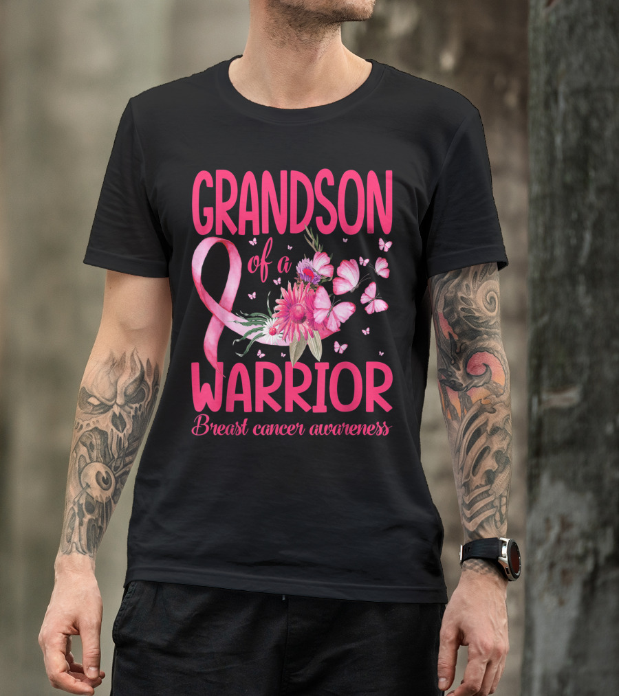 Grandson Of A Warrior Breast Cancer Awareness Pink Ribbon Flowers Butterflies T-Shirt