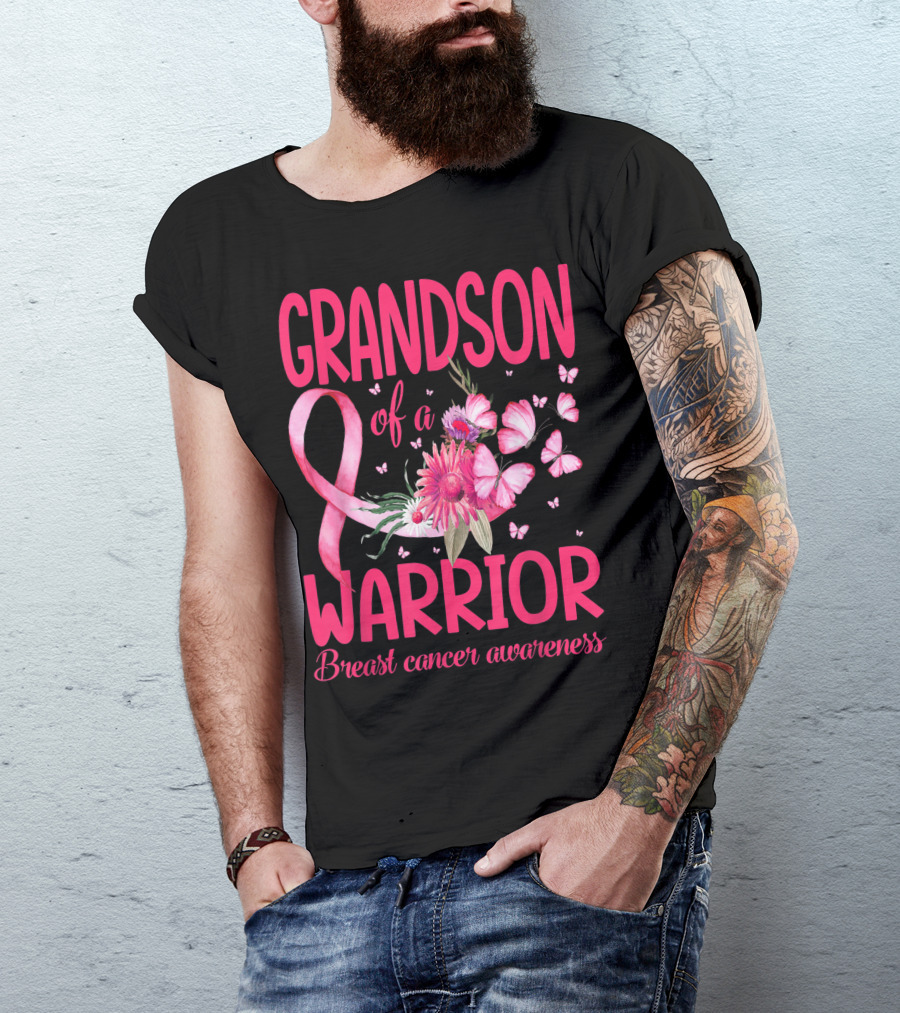 Grandson Of A Warrior Breast Cancer Awareness Pink Ribbon Flowers Butterflies T-Shirt