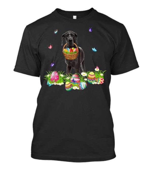 Great Dane Bunny Dog With Colorful Easter Eggs Basket And Butterflies T-Shirt