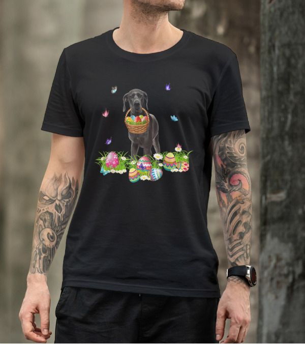 Great Dane Bunny Dog With Colorful Easter Eggs Basket And Butterflies T-Shirt