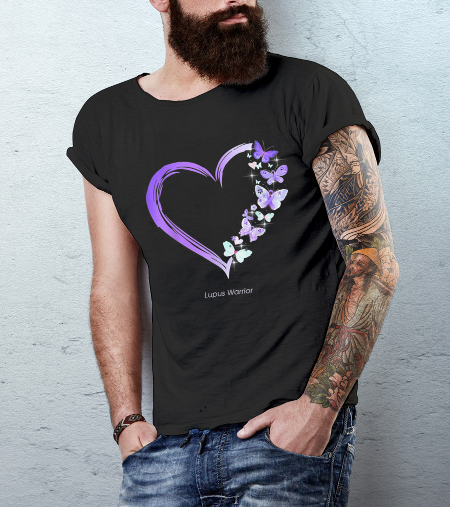 Lupus Warrior Heart With Purple Butterflies Lupus Awareness T-Shirt