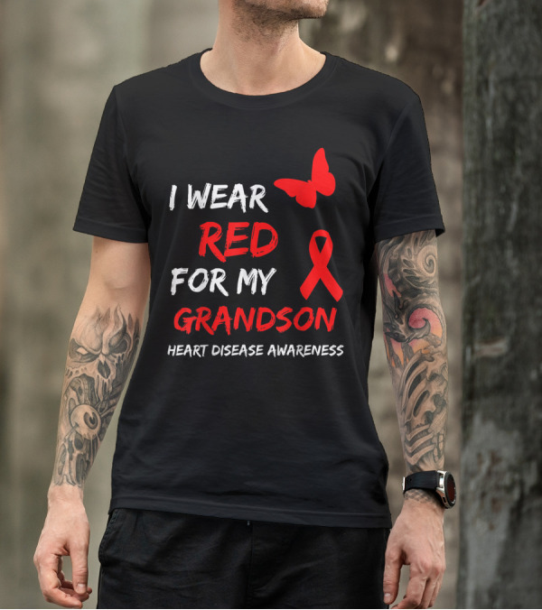 I Wear Red For My Grandson Heart Disease Awareness Ribbon Butterfly T-Shirt