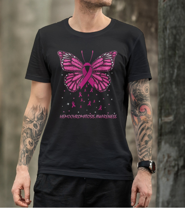 Hemochromatosis Awareness Pink Ribbon Butterfly With Stars T-Shirt