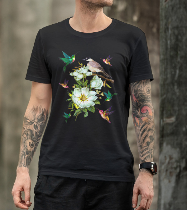 Hummingbird And White Flower Bouquet With Small Bird Lovers T-Shirt