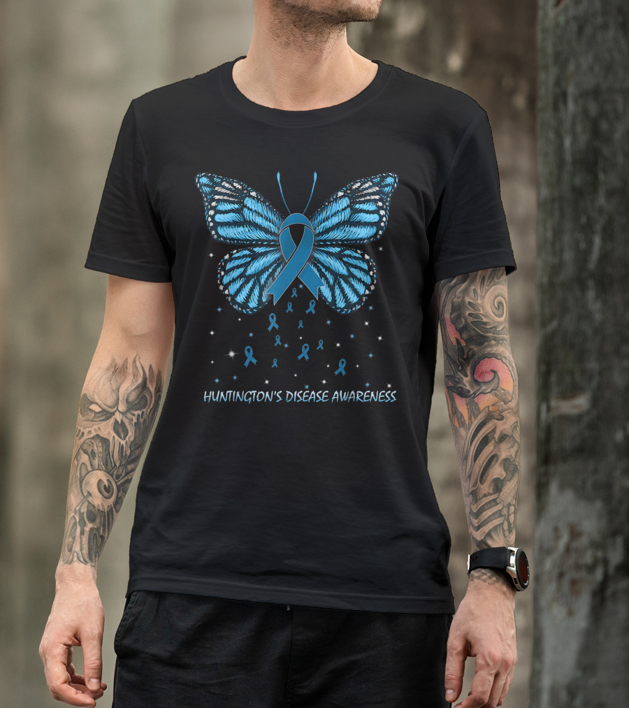 Huntington's Disease Awareness Blue Ribbon Butterfly With Stars T-Shirt