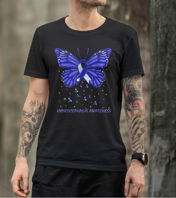 Hydrocephalus Awareness Blue Ribbon Butterfly With Stars T-Shirt