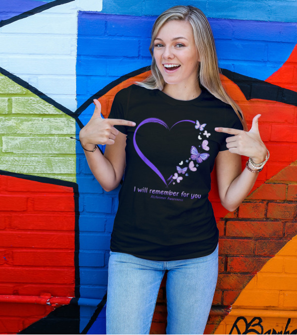 I Will Remember For You Purple Heart Butterfly Alzheimer's Awareness T-Shirt