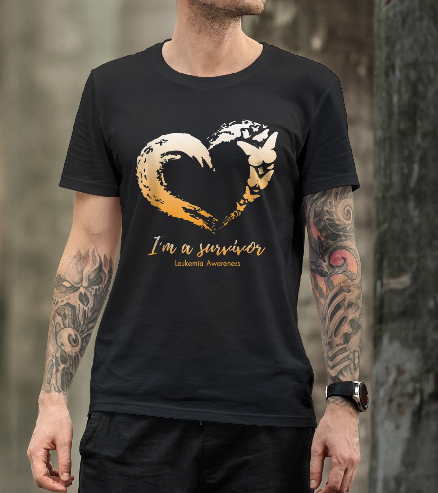 I'm A Survivor Leukemia Awareness Orange Ribbon Heart Butterfly T-Shirt