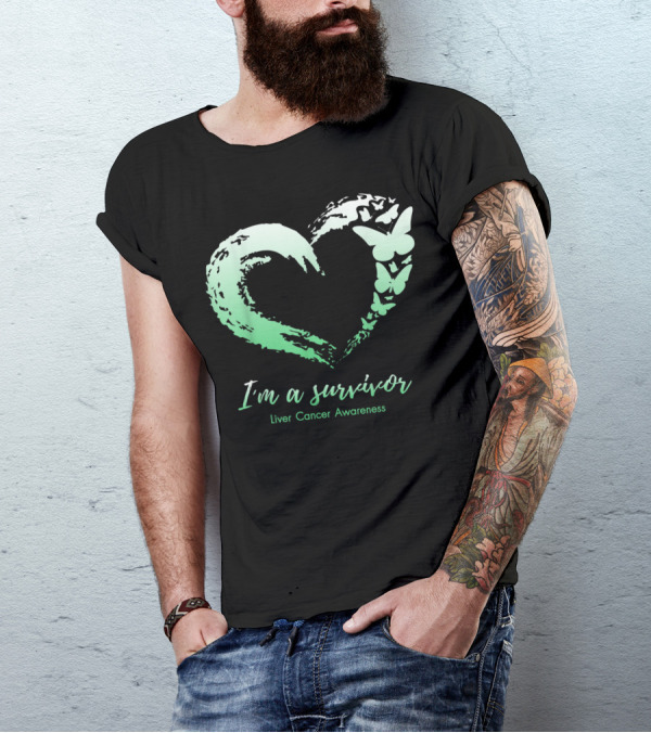 I'm A Survivor Liver Cancer Awareness Heart Butterfly Green T-Shirt