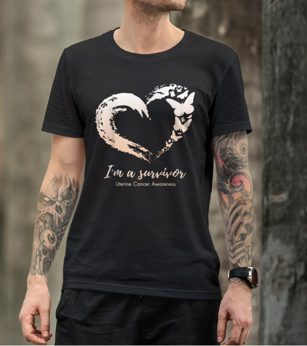 I'm A Survivor Uterine Cancer Awareness Heart With Butterflies T-Shirt