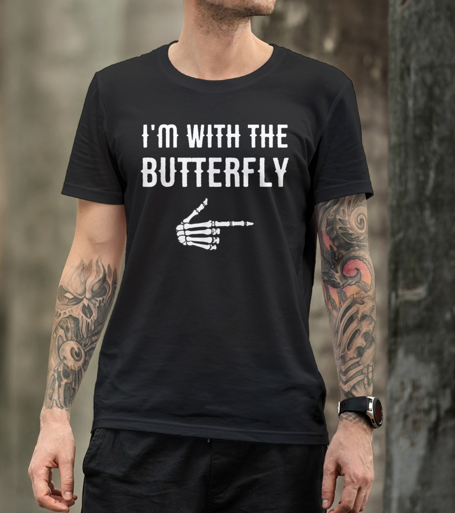 I'm With The Butterfly Skeleton Hand Pointer T-Shirt