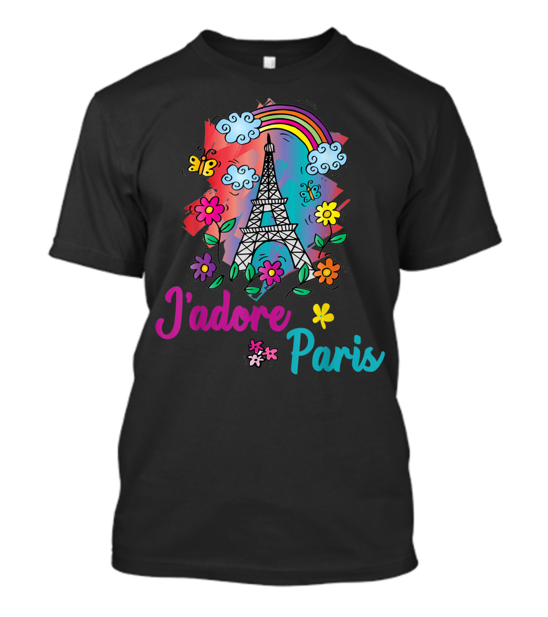 Jadore Paris Eiffel Tower Rainbow With Flowers And Butterflies T-Shirt