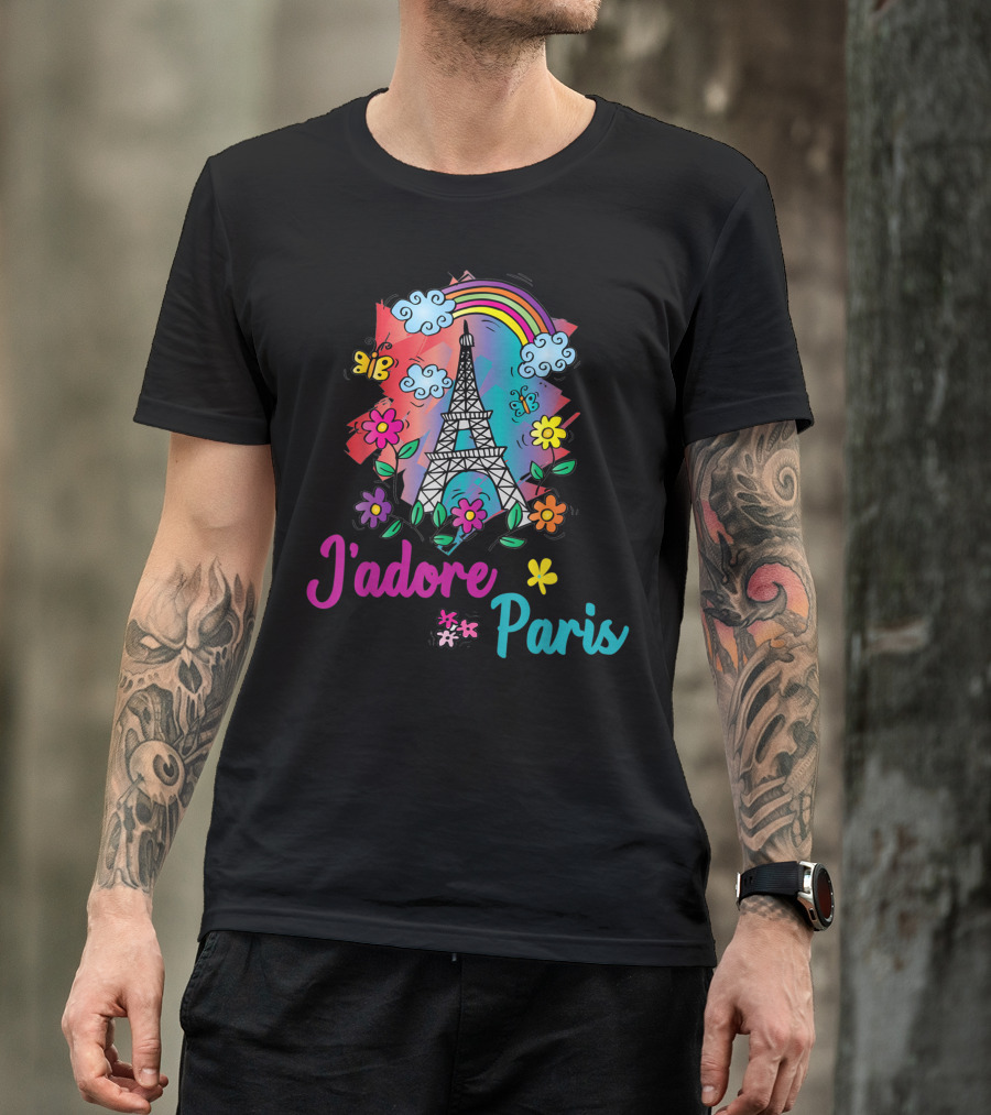 Jadore Paris Eiffel Tower Rainbow With Flowers And Butterflies T-Shirt