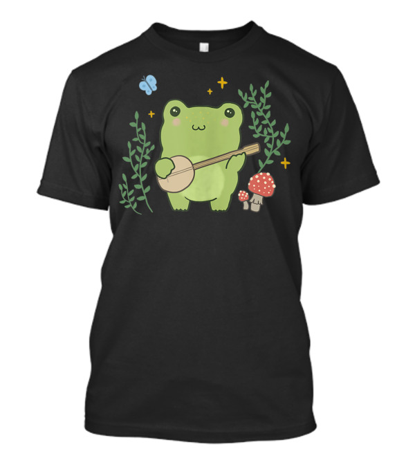 Kawaii Cute Frog Banjo Butterfly Cottagecore Aesthetic Whimsical Forest Vibes T-Shirt