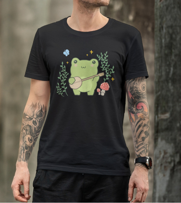 Kawaii Cute Frog Banjo Butterfly Cottagecore Aesthetic Whimsical Forest Vibes T-Shirt