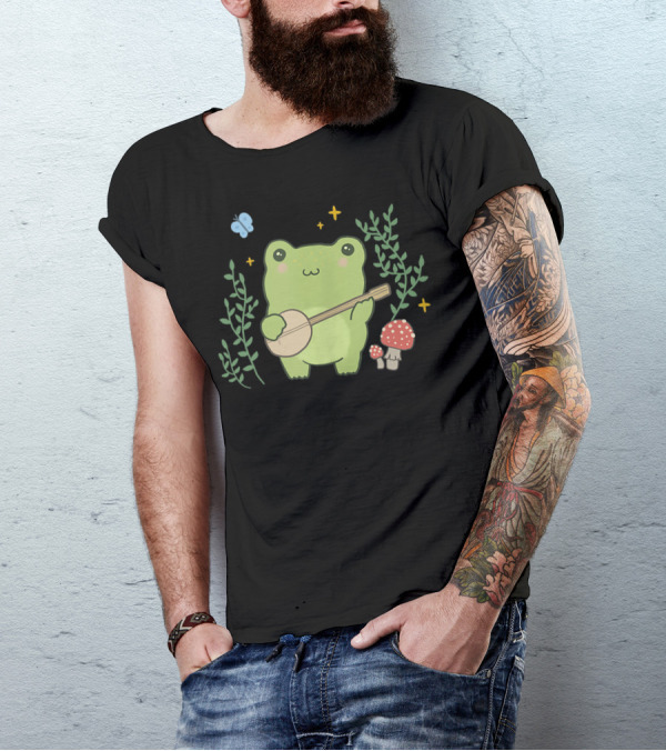 Kawaii Cute Frog Banjo Butterfly Cottagecore Aesthetic Whimsical Forest Vibes T-Shirt