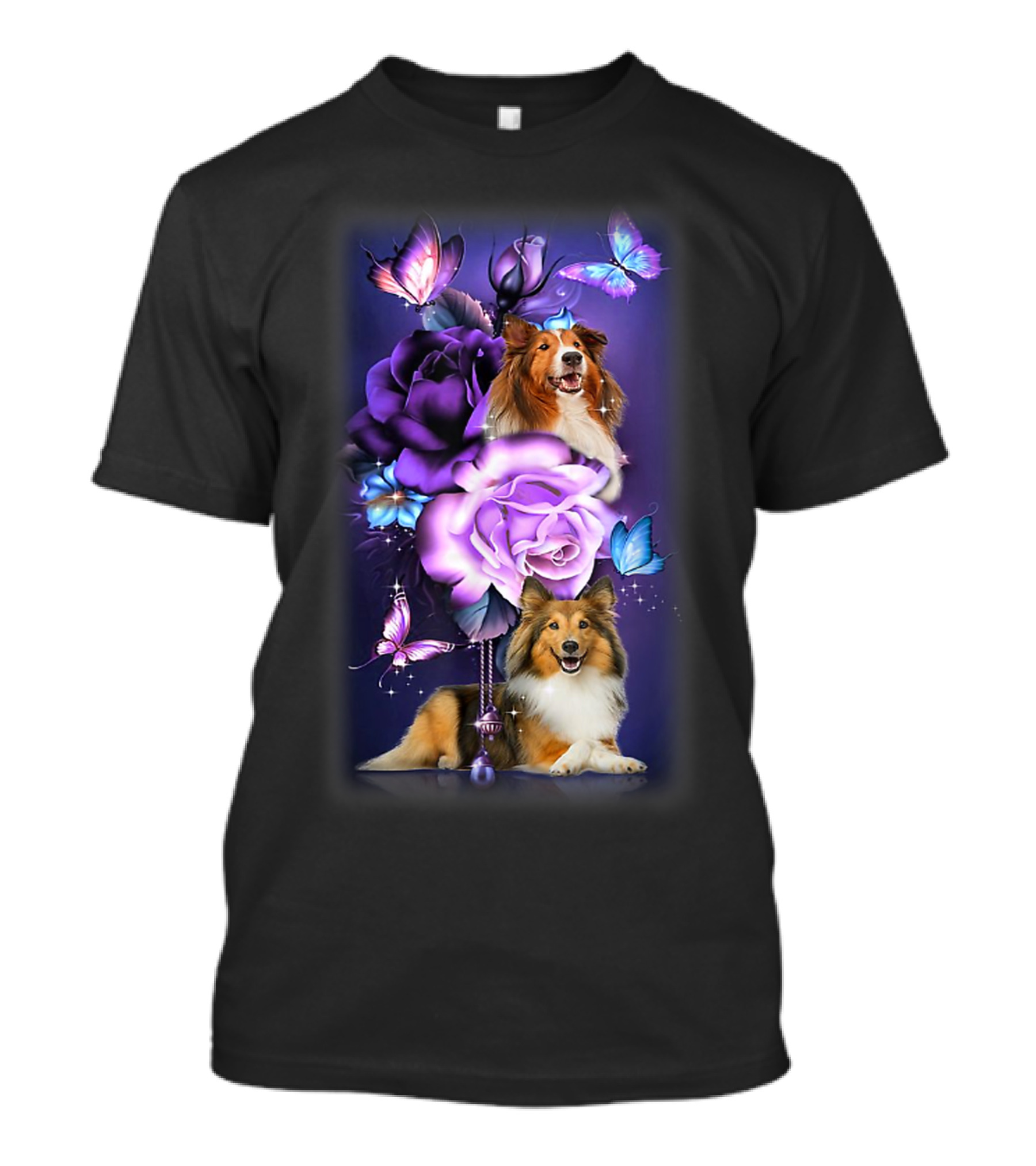 Magical Love Sheltie With Purple Roses And Butterflies T-Shirt