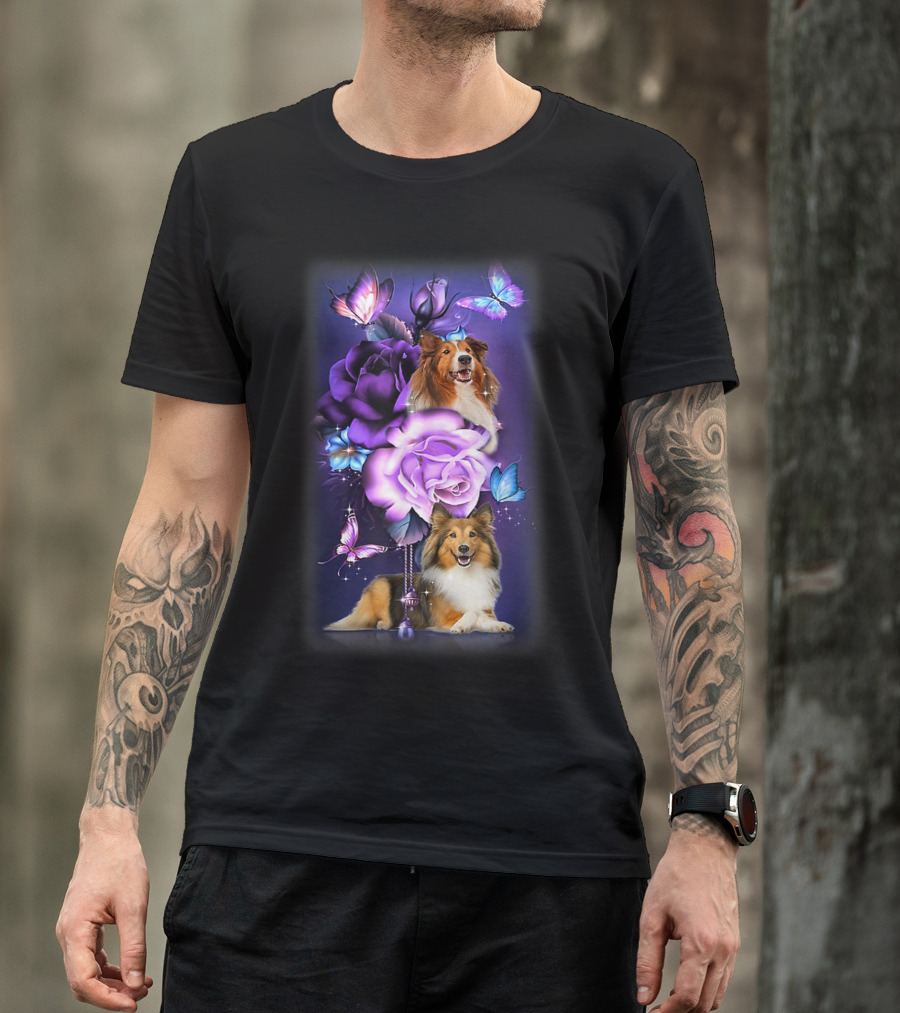 Magical Love Sheltie With Purple Roses And Butterflies T-Shirt