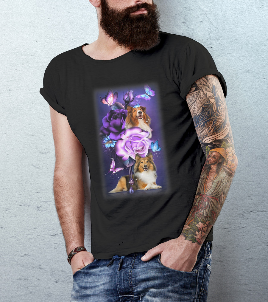 Magical Love Sheltie With Purple Roses And Butterflies T-Shirt