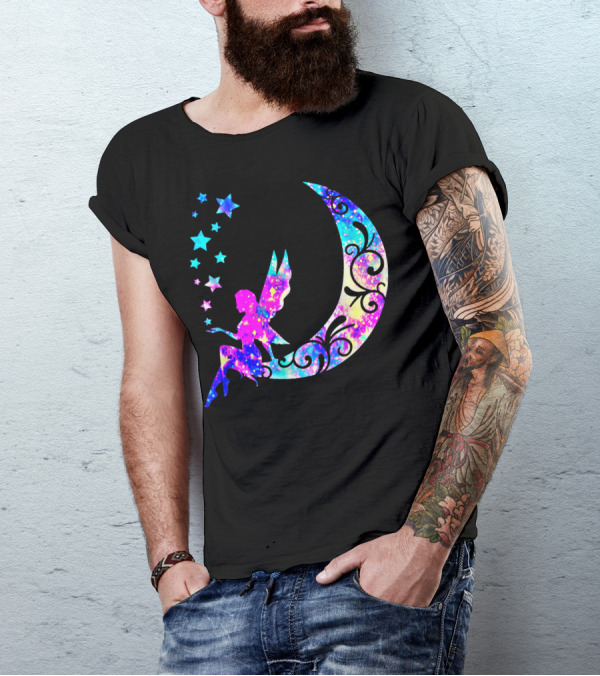Magical Fairy On Crescent Moon With Stars And Swirls Making Dreams Come True T-Shirt