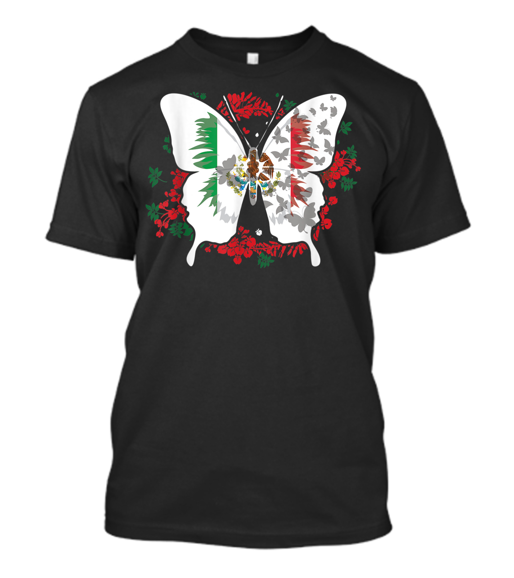 Mexican Flag Butterfly With Traditional Floral Silhouette Elements For Mexicans T-Shirt