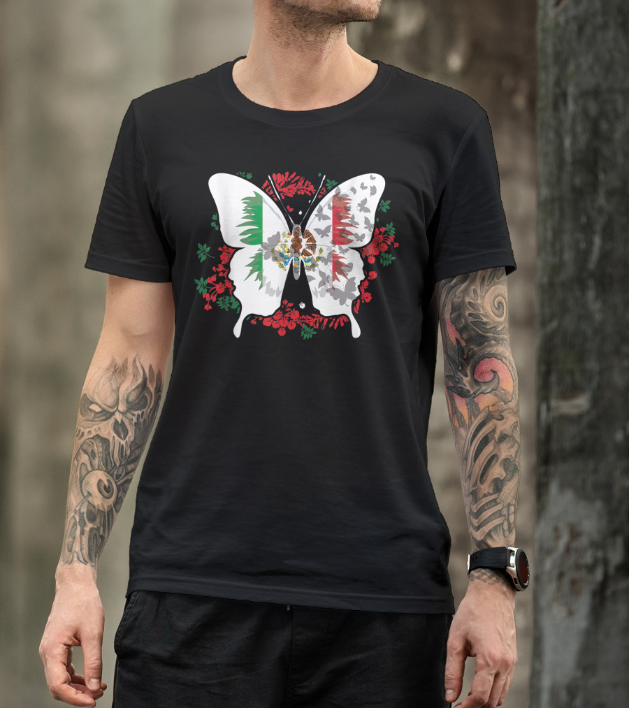 Mexican Flag Butterfly With Traditional Floral Silhouette Elements For Mexicans T-Shirt