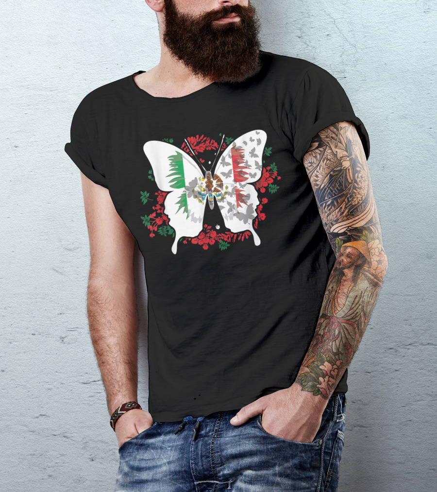 Mexican Flag Butterfly With Traditional Floral Silhouette Elements For Mexicans T-Shirt