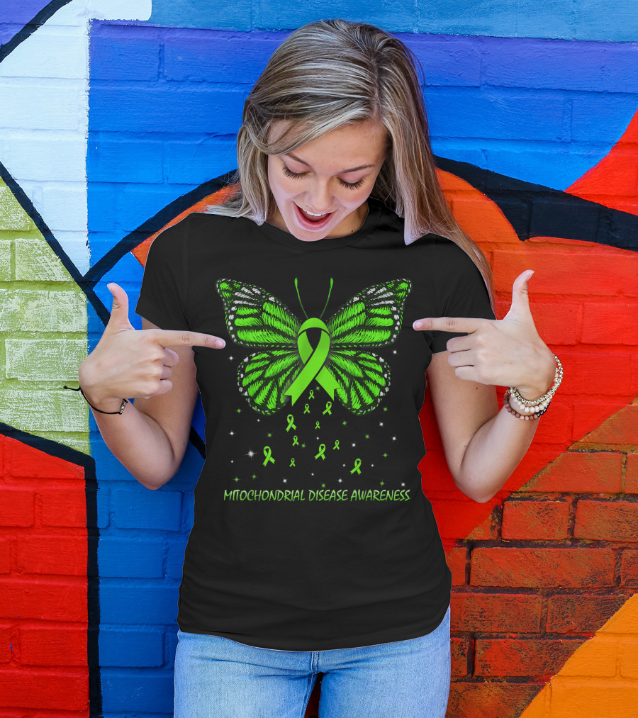 Mitochondrial Disease Awareness Butterfly Green Ribbon Star Accents T-Shirt