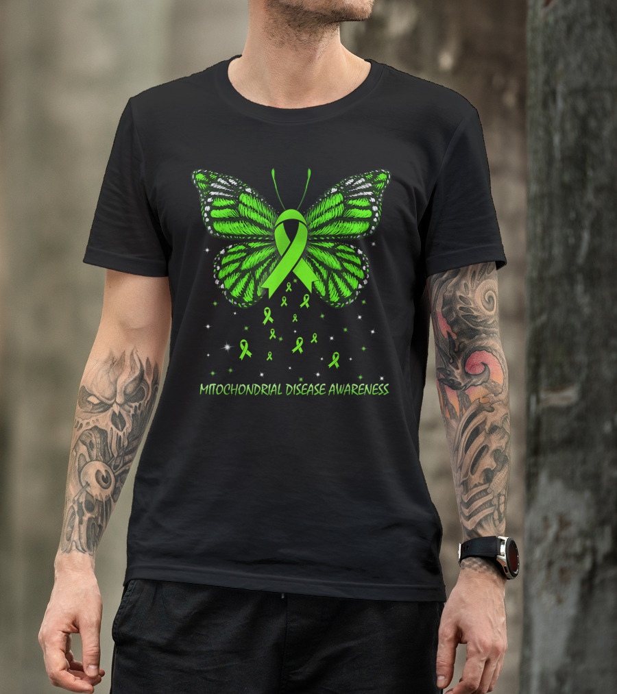 Mitochondrial Disease Awareness Butterfly Green Ribbon Star Accents T-Shirt
