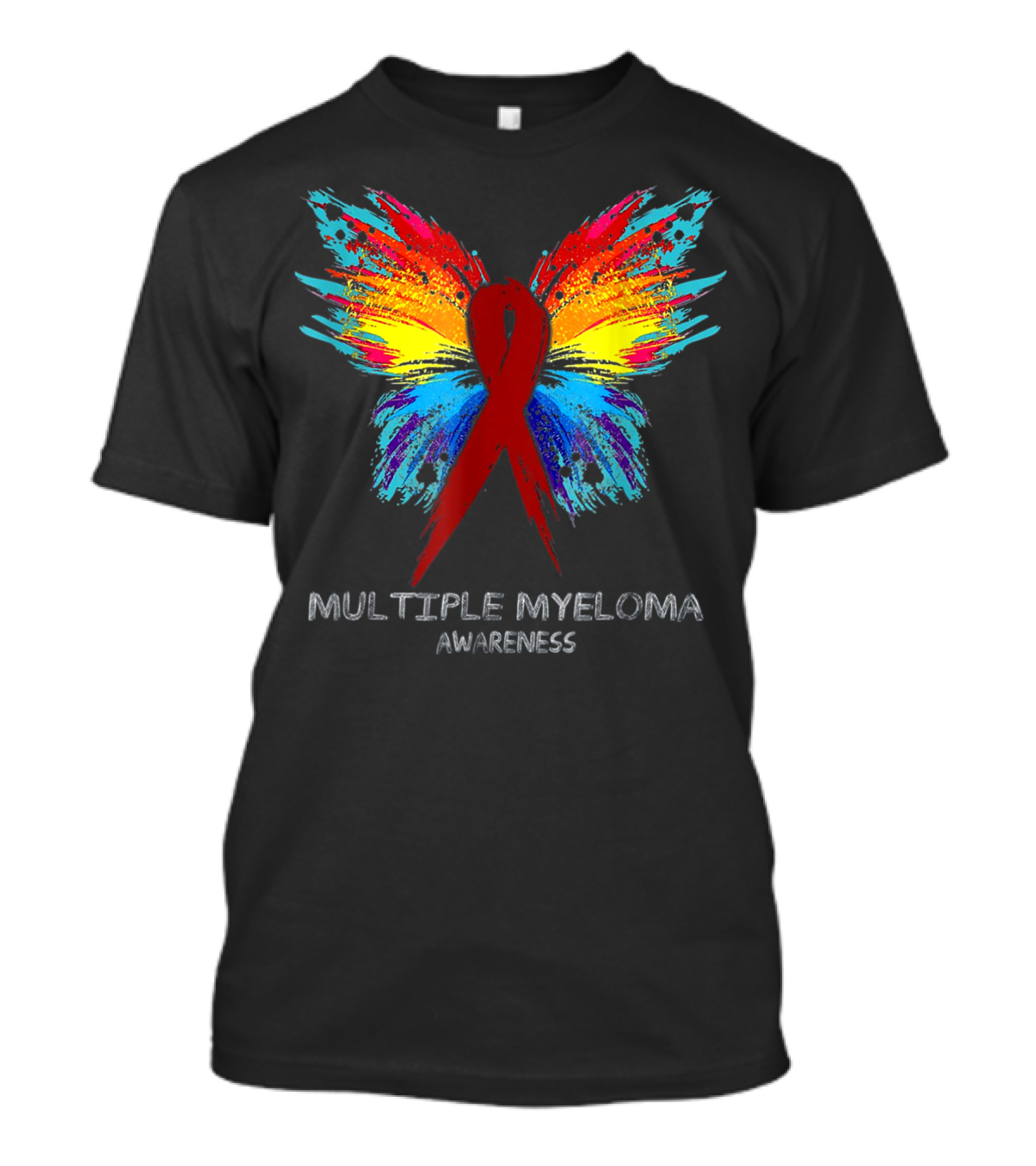Multiple Myeloma Awareness Red Ribbon Butterfly Colorful Splatter T-Shirt