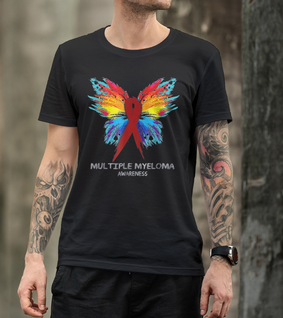 Multiple Myeloma Awareness Red Ribbon Butterfly Colorful Splatter T-Shirt