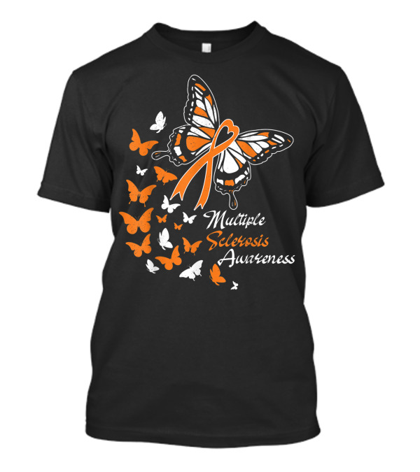 Multiple Sclerosis Awareness Butterfly Ribbon With Orange And White Butterflies T-Shirt