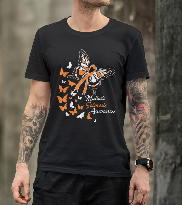 Multiple Sclerosis Awareness Butterfly Ribbon With Orange And White Butterflies T-Shirt