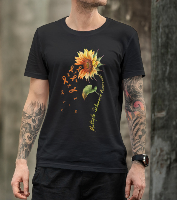 Multiple Sclerosis Awareness Sunflower With Orange Ribbons T-Shirt