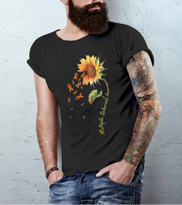 Multiple Sclerosis Awareness Sunflower With Orange Ribbons T-Shirt