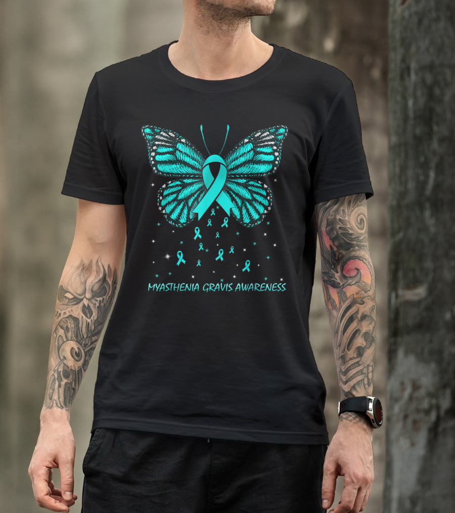 Myasthenia Gravis Awareness Teal Ribbon Butterfly And Stars T-Shirt
