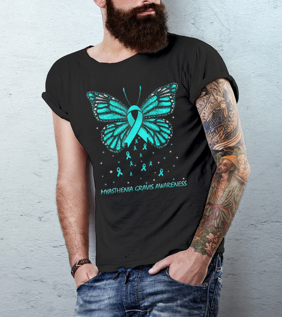 Myasthenia Gravis Awareness Teal Ribbon Butterfly And Stars T-Shirt