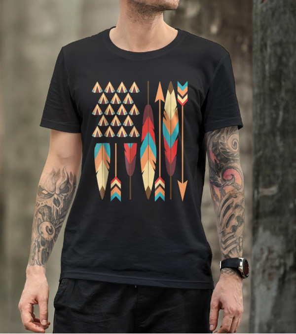 Native American Pride USA Flag Feathers Arrows Teepees T-Shirt