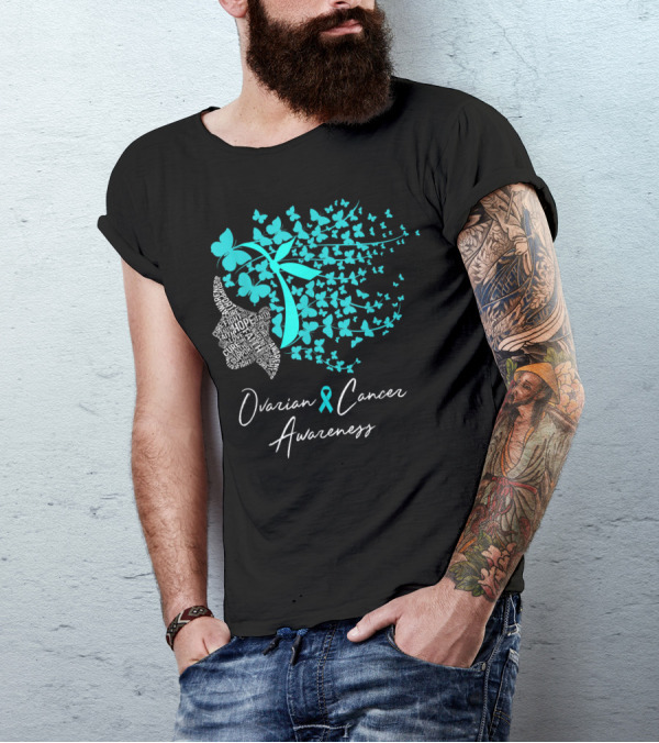 Ovarian Cancer Awareness Teal Ribbon Butterflies Hope Cure Faith T-Shirt
