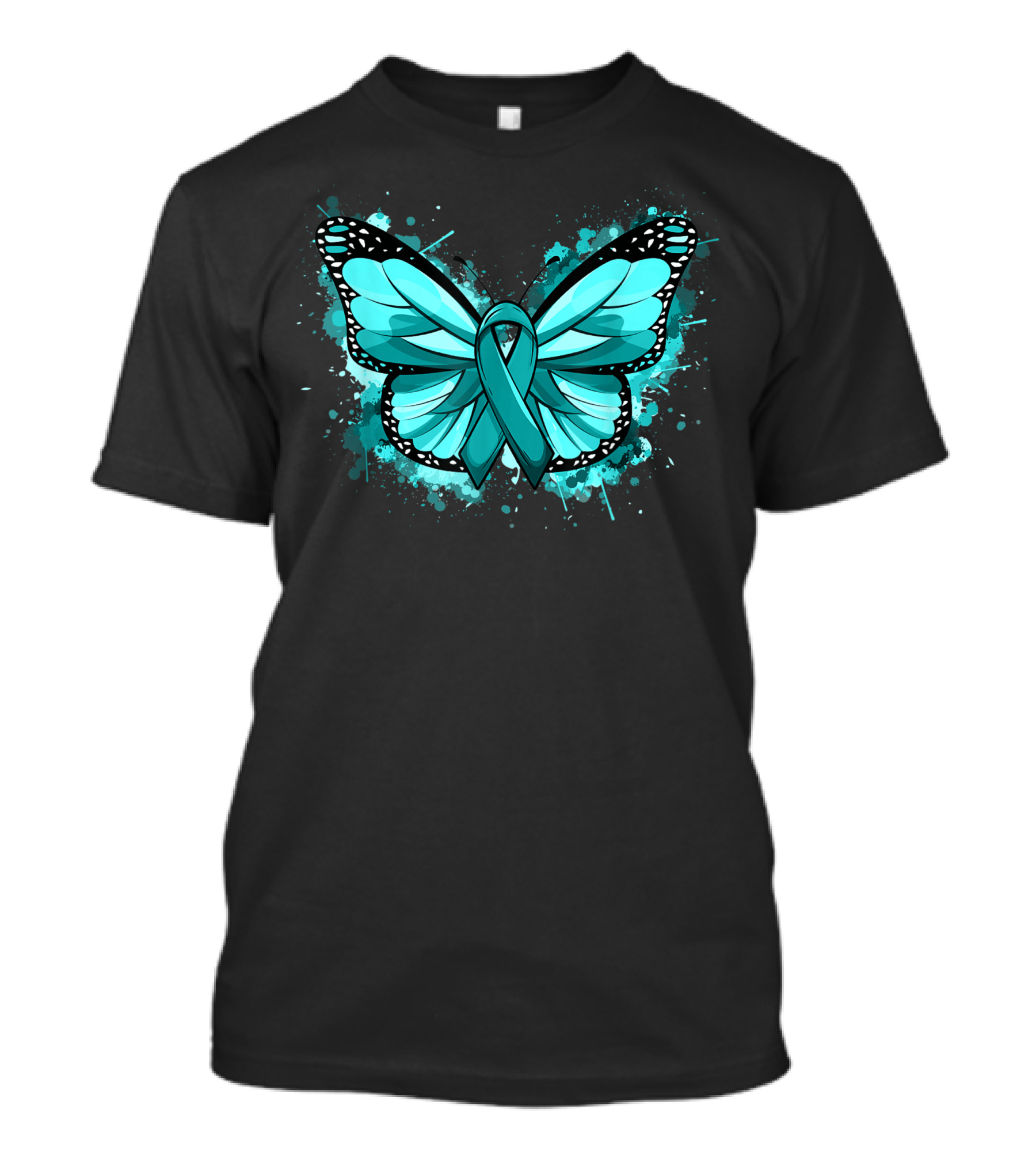 Ovarian Cancer Awareness Teal Ribbon Butterfly Design With Splatter Background T-Shirt