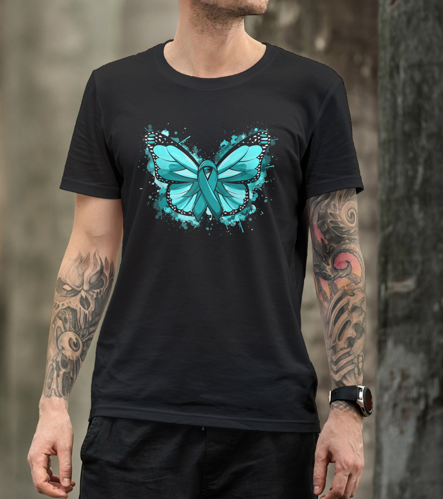 Ovarian Cancer Awareness Teal Ribbon Butterfly Design With Splatter Background T-Shirt