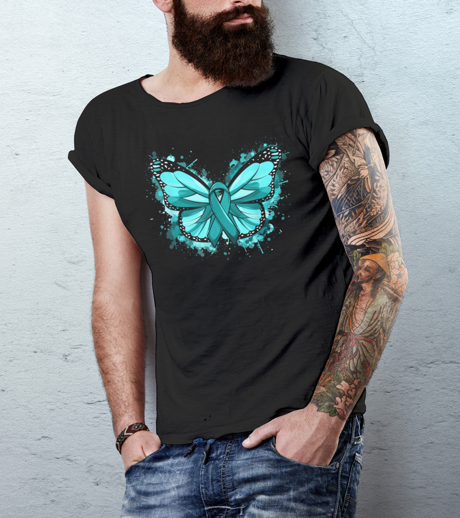 Ovarian Cancer Awareness Teal Ribbon Butterfly Design With Splatter Background T-Shirt
