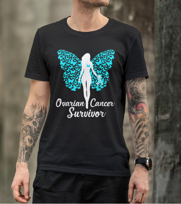 Ovarian Cancer Survivor Butterfly Ribbon Awareness Teal T-Shirt