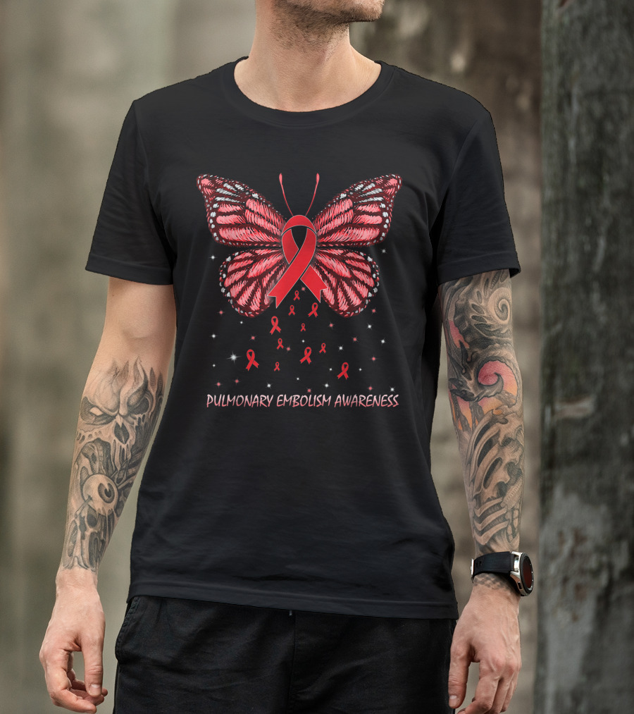 Pulmonary Embolism Awareness Red Ribbon Butterfly T-Shirt