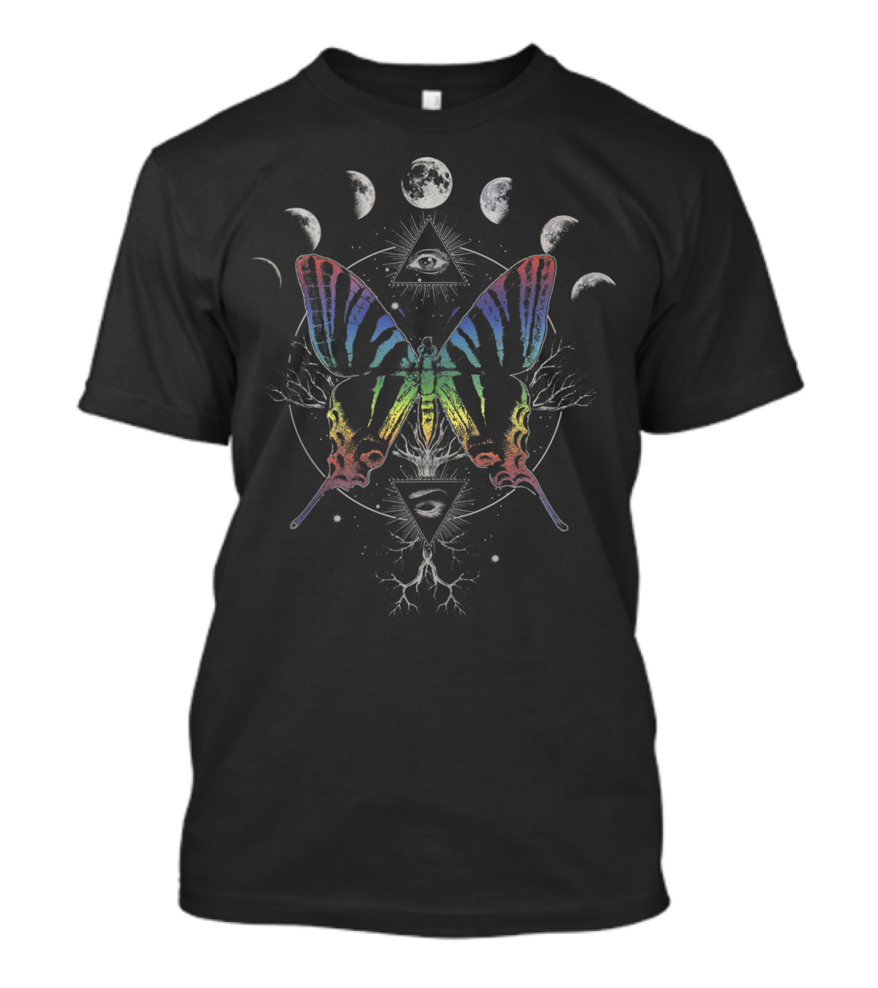 Rainbow Butterfly Moon Phases All-Seeing Eye Triangles T-Shirt