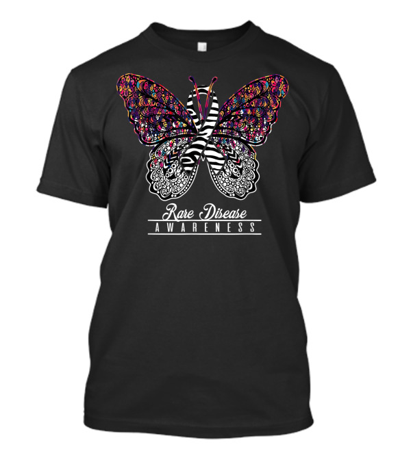 Rare Disease Awareness Butterfly With Colorful Patterns And Zebra Stripes T-Shirt