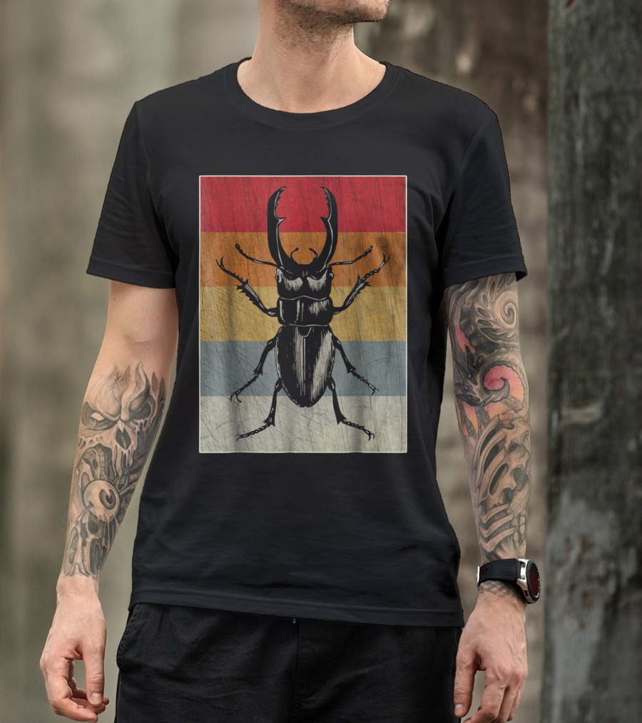 Retro Stag Beetle Rainbow Stripes Vintage Cool T-Shirt