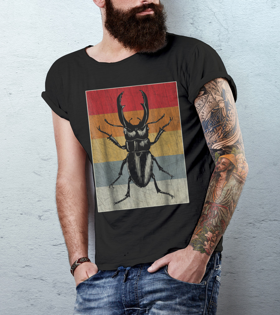 Retro Stag Beetle Rainbow Stripes Vintage Cool T-Shirt