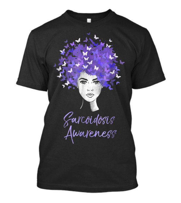 Sarcoidosis Awareness Purple Butterflies Afro Woman T-Shirt
