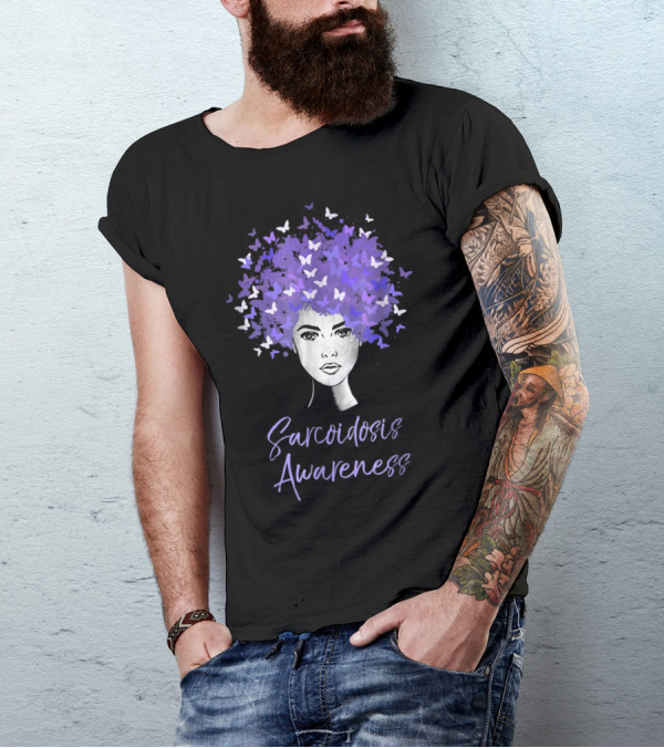 Sarcoidosis Awareness Purple Butterflies Afro Woman T-Shirt